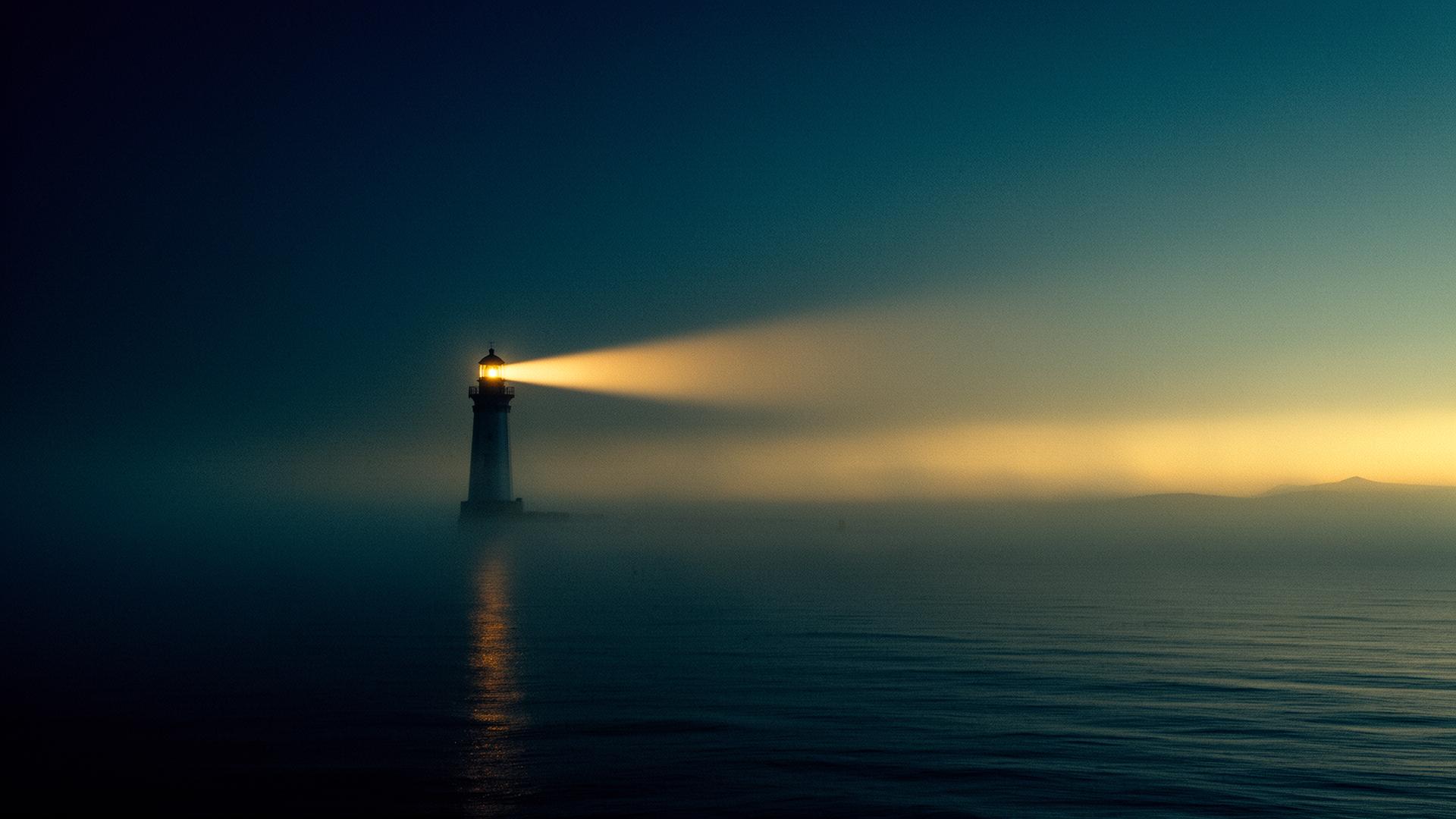 Lighthouse beam cutting through fog over still water at dusk